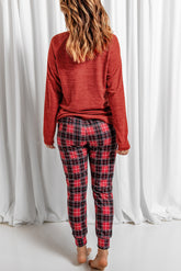 Round Neck Top and Drawstring Plaid Pants Lounge Set OutfitFlow